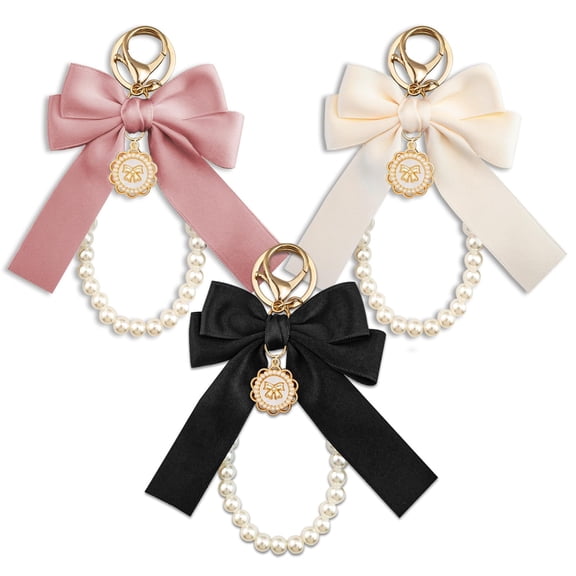 Bow Keychain Pearl Wristlet Girly Keychain For Purse Backpack 3Pcs Cute Accessories For Car Keys Wristlet Keychain For Women Girls