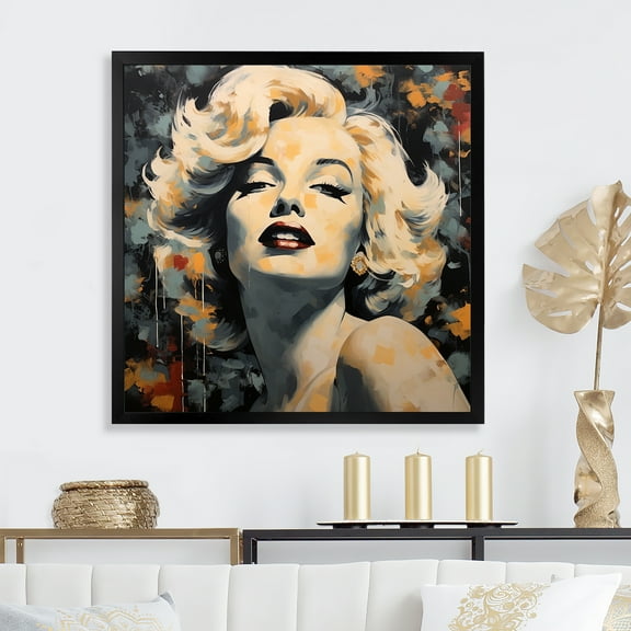 Designart "Vintage Marilyn Monroe in Yellow and Beige II" Fashion Framed Wall Art Decor - Glam Beige Woman Pop Art Entryway Framed Wall Art Print