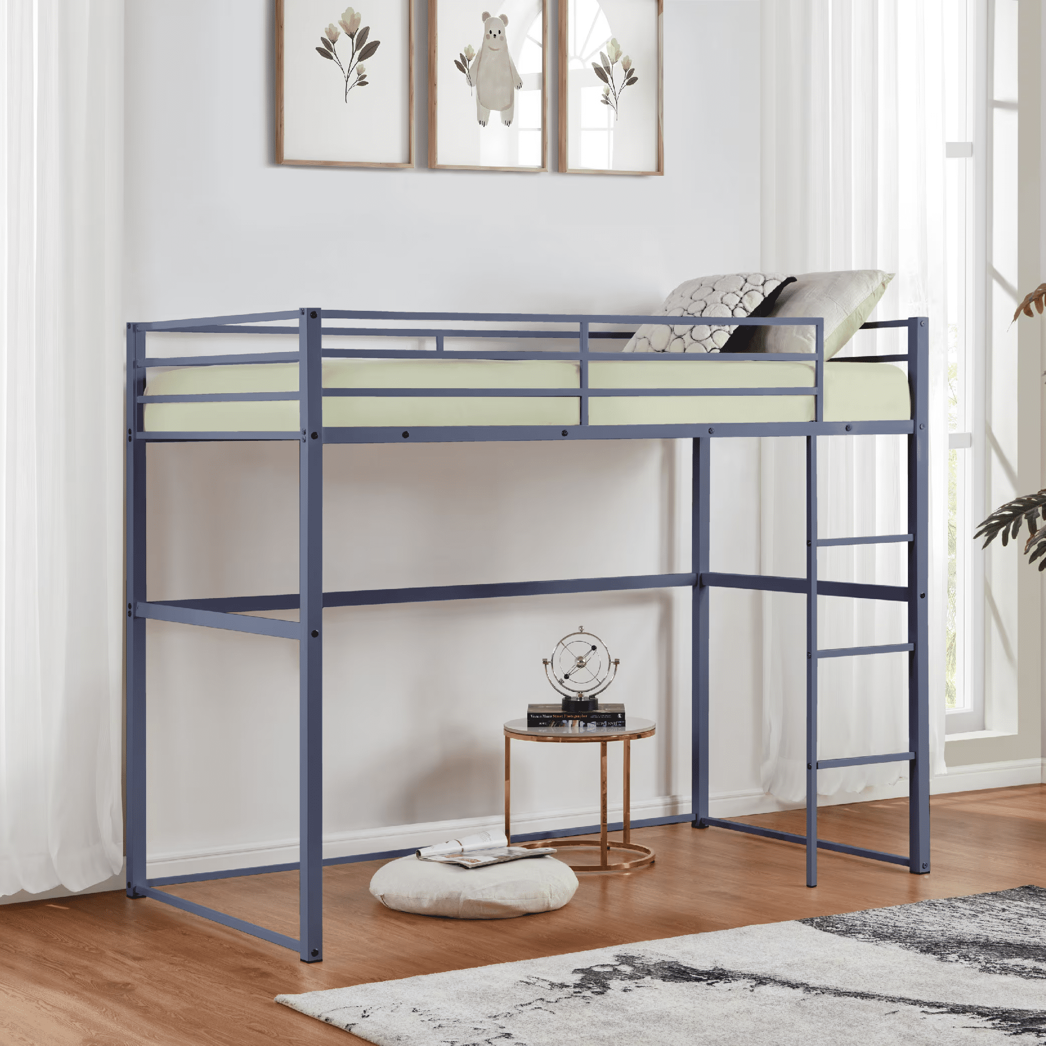 MAYEERTY Metal Full Size Loft Bed, Loft Bed Frame with Safety Guard Rails & Flat Ladder, for Kids Teens Adults, Gray