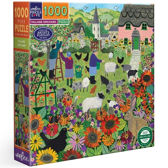 eeBoo Piece & Love: Village Orchard - 1000 Piece Puzzle - 23" Square Adult Jigsaw, Vanessa Bowman's Autumn Nature English Village Scene, Eco-Friendly