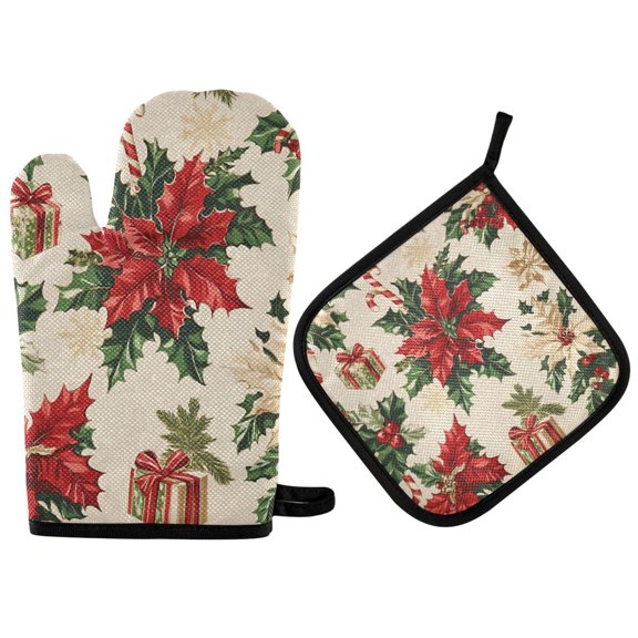 Yayeee Oven Mitts and Pot Holder Set of 2 Heat Resistant Kitchen Gloves Baking Hot Pad, Christmas Poinsettia