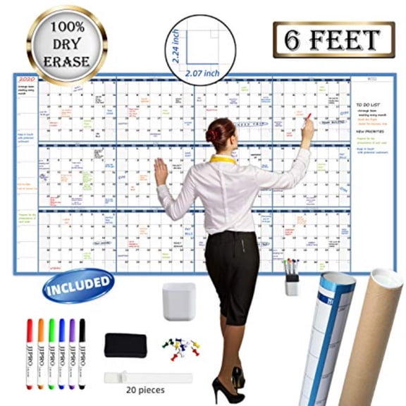 Large Dry Erase Wall Calendar - 38" x 72" - Undated Blank Reusable Yearly Calendar - Giant Whiteboard Annual Poster - Laminated Office Jumbo 12 Month Calendar