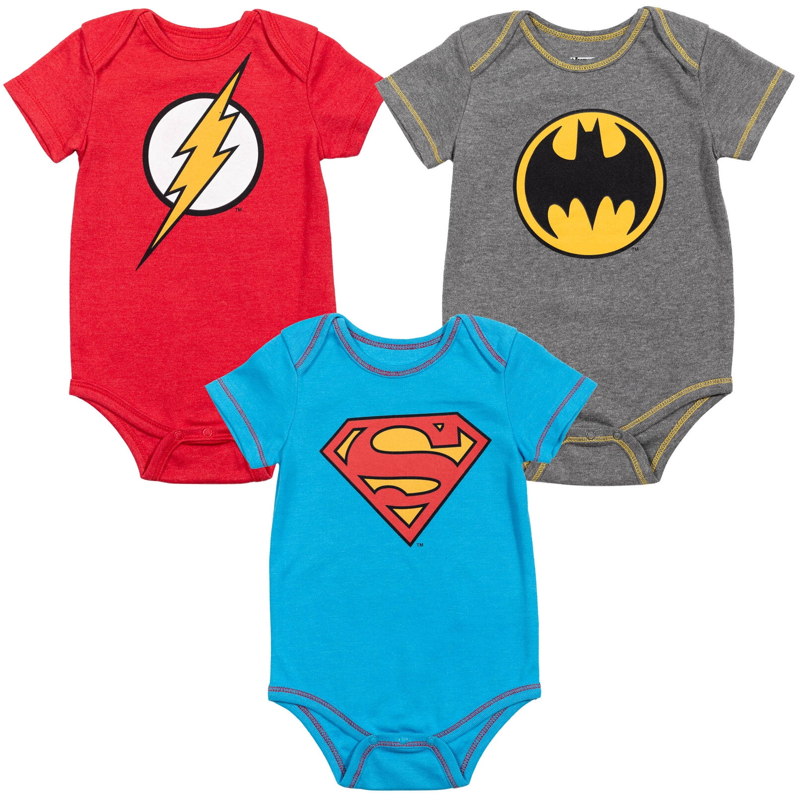 DC Comics Justice League Batman Superman Flash Newborn Baby Boys 3 Pack Short Sleeve Bodysuits 3-6 Months