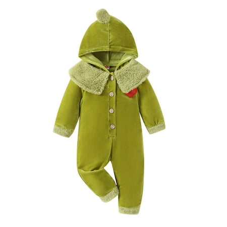 

Lovskoo Baby Infant Long Sleeve Onesie Boy Girl Fluffy Jumpsuit Hooded Fleece Rompers Gold Velvet Pajamas Plush Love Pajamas Crawl Bodysuits for Ages 6 Months - 24 Months Green