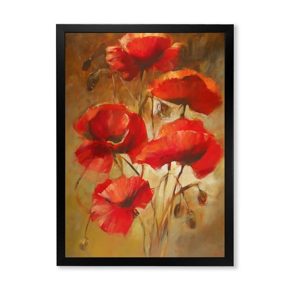 Designart 'Red Blossoming Poppies Over Wild Brown I' Traditional Framed Art Print