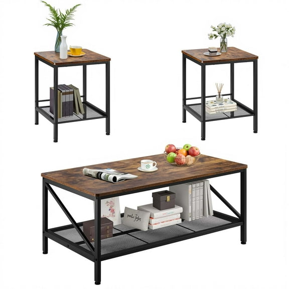 VEVOR 3 Pieces Living Room Table Sets, 41.3 in Industrial Coffee Table with 2 Square End Side Tables, Easy Assembly Coffee and End Tables Sets with Metal Legs, for Office, Living Room & Apartment
