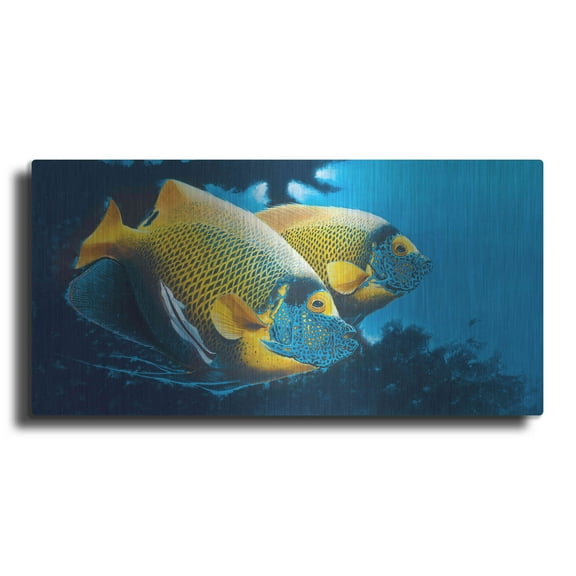 Luxe Metal Art 'Blue Face Angels' by Durwood Coffey, Metal Wall Art, 48"x24"