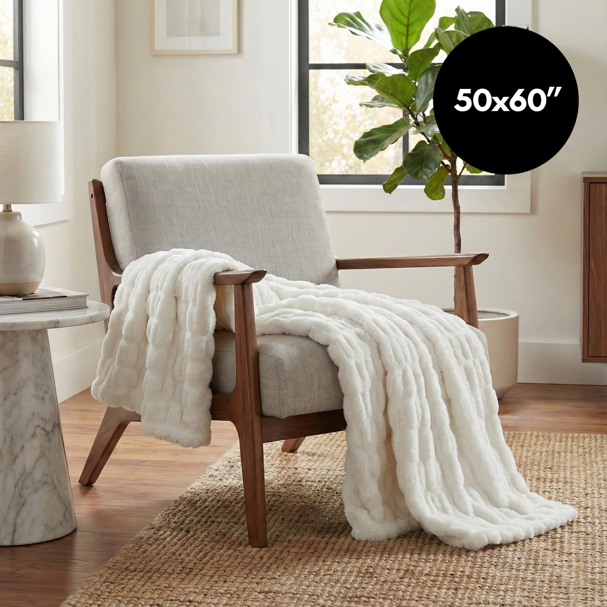 Faux Fur Throw Blanket - 50x60 Inch Luxury Rouched Design - Soft Plush Blanket for Couch, Sofa, and Bed - Premium Warm Cozy Home Decor - White