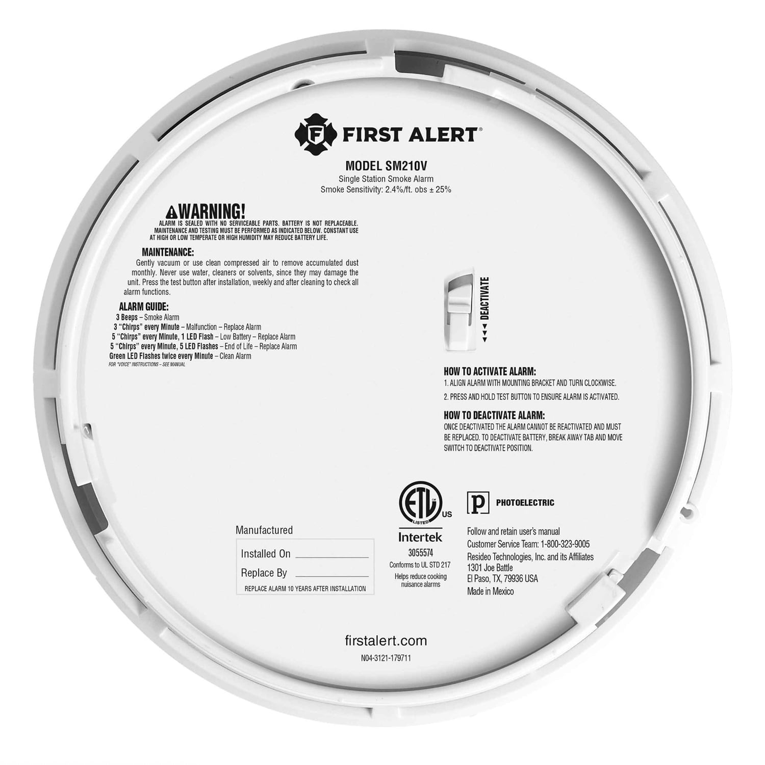First Alert 1046755, Battery Photoelectric Smoke Alarm