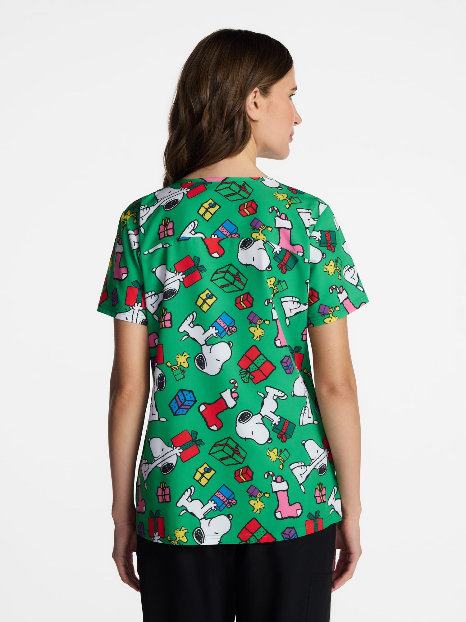 Peanuts Women's Holiday Scrub Top with Short Sleeves, Sizes S-XXXL