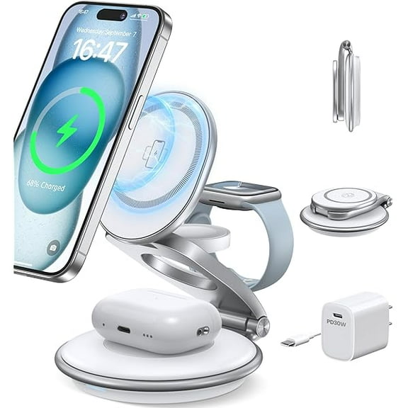 Charging Station for Apple Multiple Devices: 3 in 1 Foldable Magnetic Wireless Charger Stand for Mag-Safe iPhone - Travel Charging Dock for iPhone 15 14 13 12 Pro Max Plus & Apple Watch & Airpods
