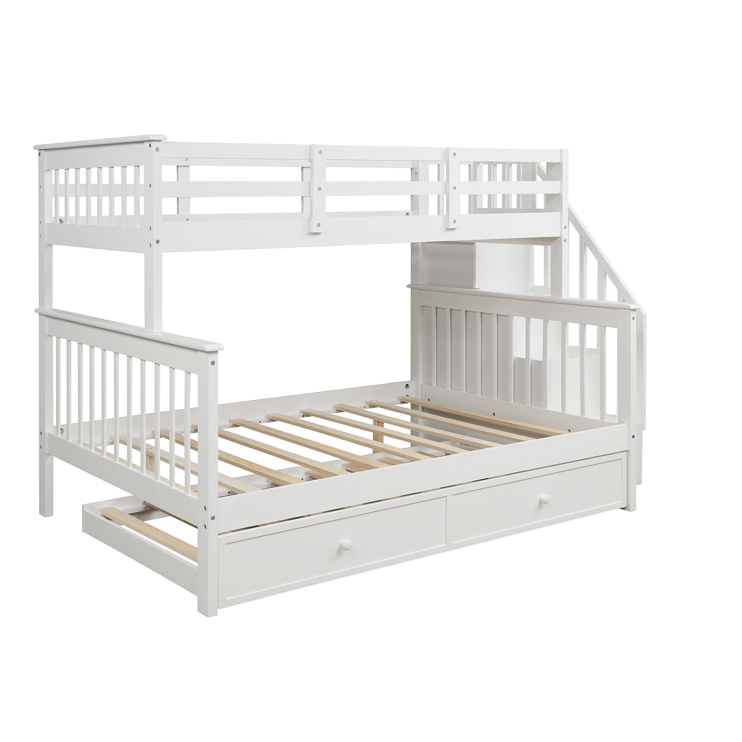 Kepooman Twin-Over-Full Modern Wooden Stairway Bunk Bed with Twin size Trundle & Storage for Bedroom Dorm, 91.73" x 54.33" x 61.4", White Kepooman Twin-Over-Full Modern Wooden Stairway Bunk Bed with Twin size Trundle & Storage for Bedroom Dorm, 91.73" x 54.33" x 61.4", White