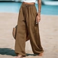 thumbnail image 5 of Qgtaibl Women's Drawstring Elastic Waist Wide Leg Pants Casual Loose Fit High Waisted Cotton Linen Trousers with Pockets Summer Lightweight Breathable Palazzo Pants Brown XL, 5 of 7