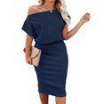thumbnail image 1 of Aiyino Robe Midi Moulante Décontractée de Soirée à Manches Courtes Côtelées pour Femmes, Épaules Dénudées, 2TG Bleu Royal, 1 of 9
