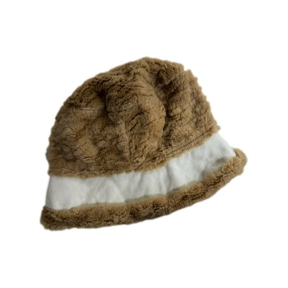 Isotoner Womens Fluffy Tan & White Fleece Stripe Bucket Hat