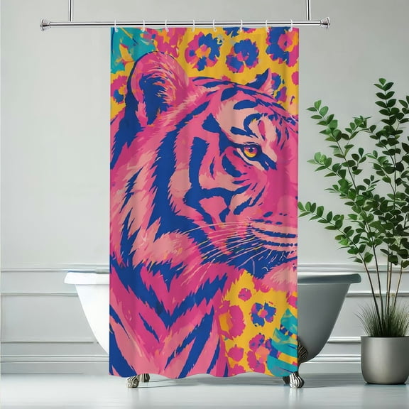 RKSupls Pink Tiger Portrait With Tropical Leaves Waterproof Shower Curtain Polyester Shower Curtain with Hooks for Chic Elegant Home Bathtub Bathroom Decor Washable