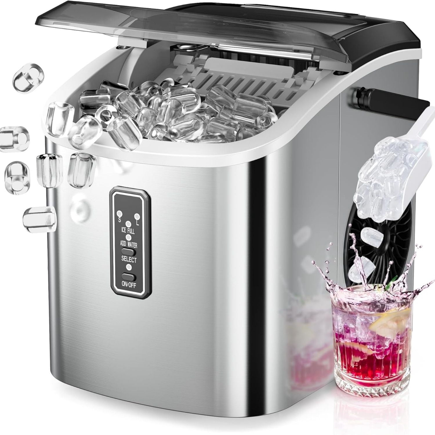 Ice Maker Countertop, 9 Cubes Ready in 6 Mins, 26lbs/24H, Self-Cleaning, Portable Ice Maker Machine with Carry Handle, Basket and Scoop, for Home, Kitchen, Office