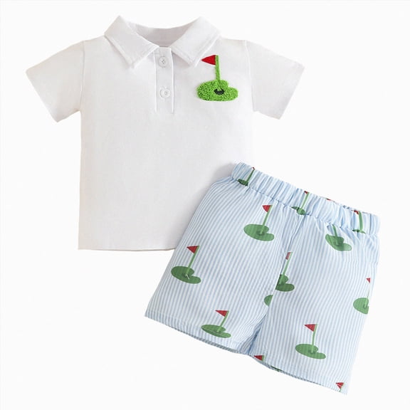 KPOPLK Toddler Baby Boy Golf Outfit Short Sleeve Golf Cart Polo T Shirts Top Shorts Set 2Pcs Golf Theme Summer Clothes(6-12 Months,Blue)