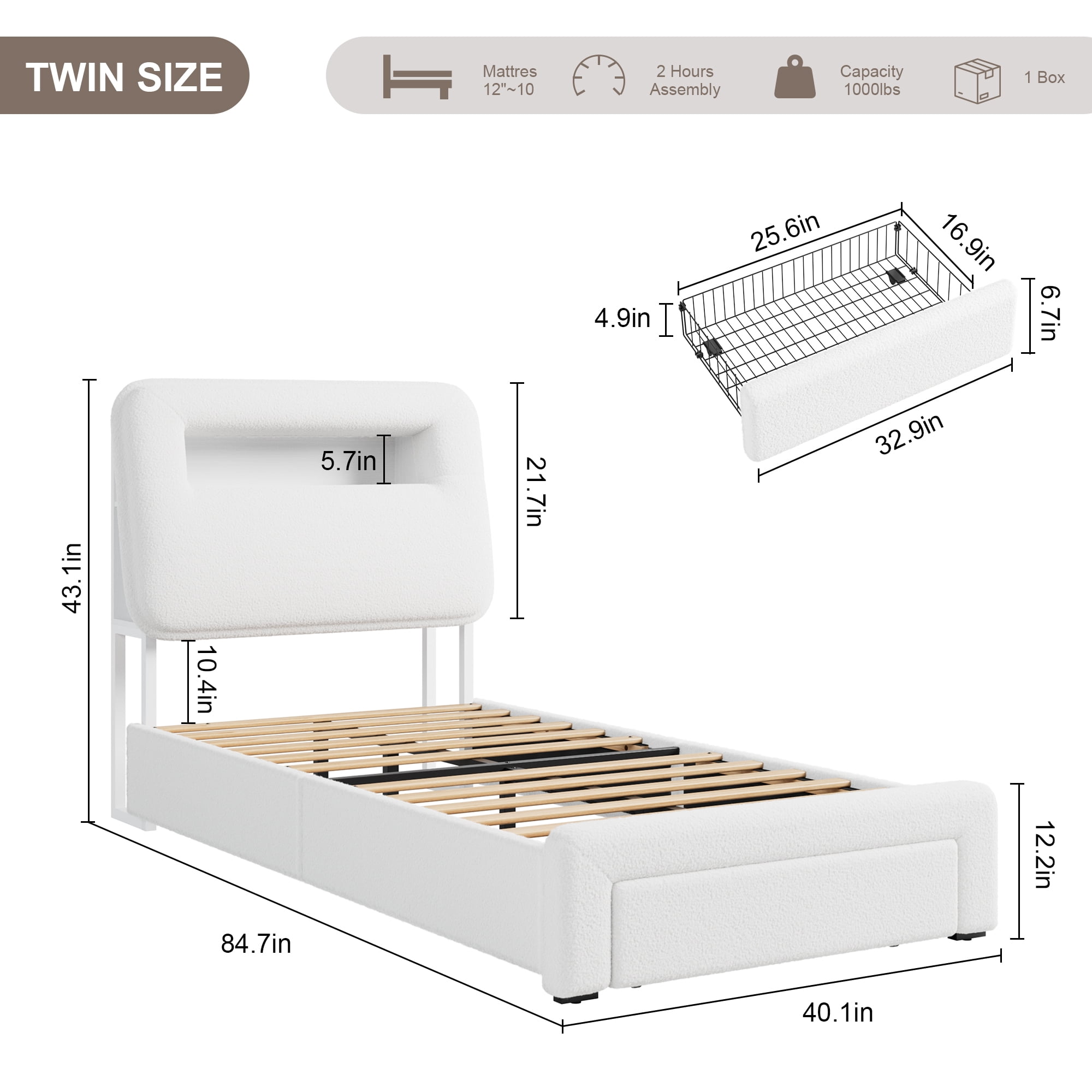 Miniyam Twin Bed with Storage Drawer, Sherpa Upholstered Headboard, LED Light & USB Charging for Kids