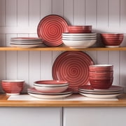 MALACASA 24 pcs Dinnerware Sets, Plates and Bowls Set for 6, Stoneware Dinner Set, Red