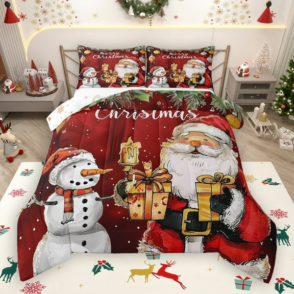 Manfei Christmas Santa Claus Bedding Comforter Set,Cartoon Snowman Twin Comforter Sets,Red White Bedding Set For Girl Boy,Super Cozy Room Decor Reversible,2pcs