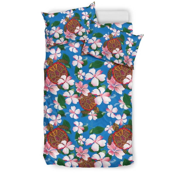 Juego de cama con estampado hawaiano Sea Turtle Pink Hibiscus