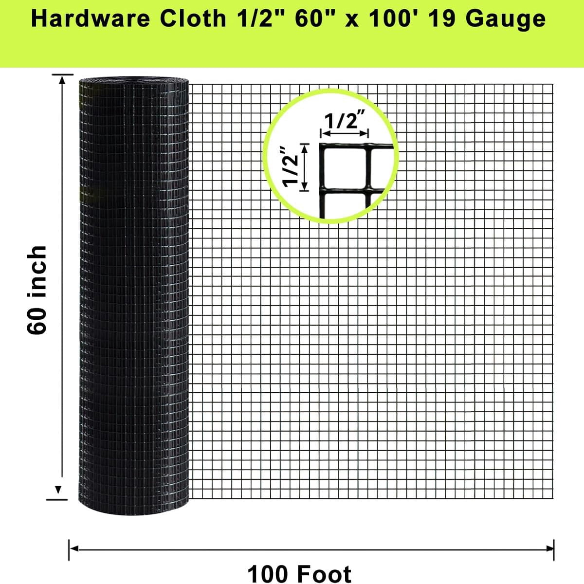 Miniyam 19-Gauge 1/2 inch Black PVC Coated Hardware Cloth – Welded Wire Fence for Poultry Netting, Chicken Coop Cover, and General Home Use (60in x 100ft)