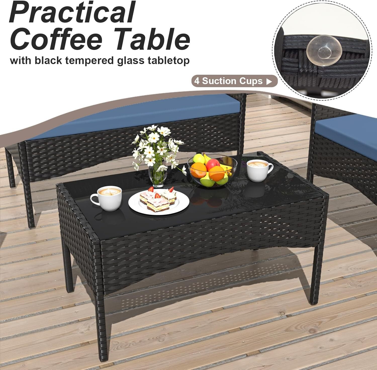 ASJMR 4 Pieces Outdoor Patio Furniture Sets Wicker Rattan Conversation Chair Set with with Cushions & Tempered Glass Table for Patio Pool Backyard,Navy