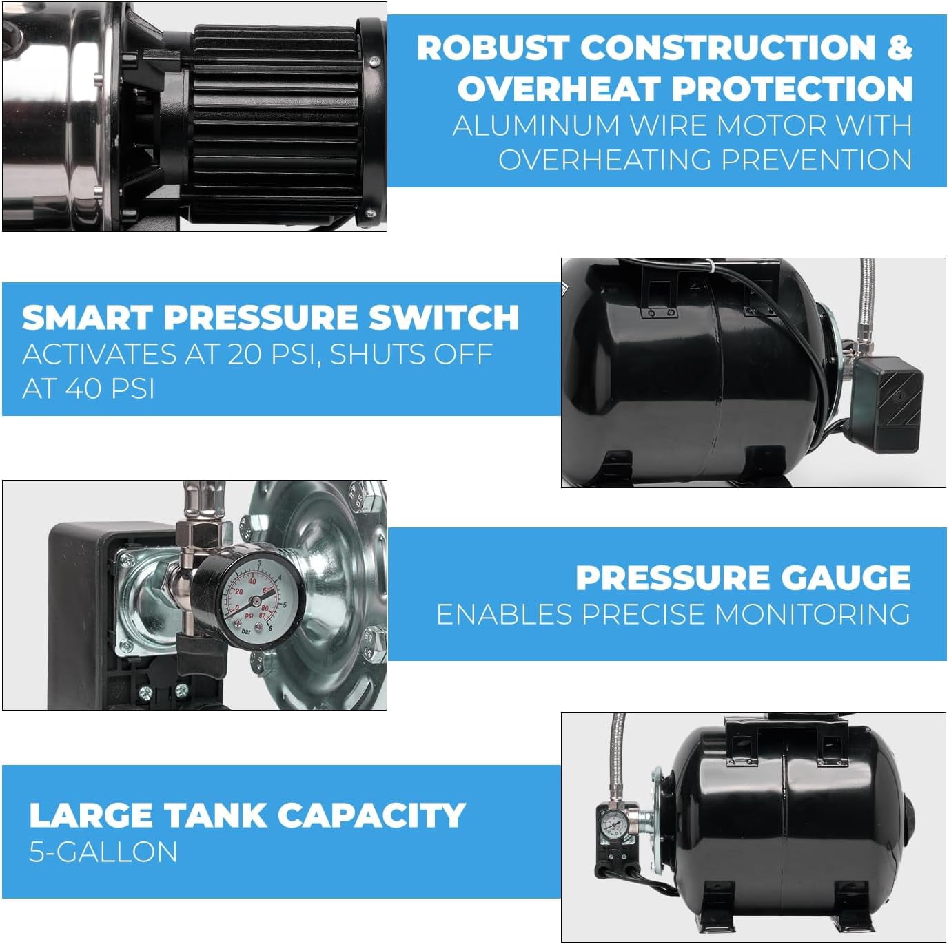 XtremepowerUS 1.6HP Shallow Well Pump With Pressure Tank, 1320 GPH 120V Irrigation Pump, Automatic Water Booster Jet Pump For Home, Garden, Lawn