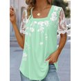thumbnail image 1 of Camiseta estampada plisada con cuello cuadrado para mujer, camisetas de manga corta con empalme de encaje, Tops holgados informales para mujer 2023, 1 of 4