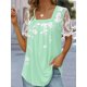 thumbnail image 1 of Camiseta estampada plisada con cuello cuadrado para mujer, camisetas de manga corta con empalme de encaje, Tops holgados informales para mujer 2023, 1 of 5