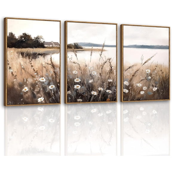 FCCUYE Large Framed Canvas Wall Art, 3 Pcs,16x24inch, Botanical Floral Black Decor for Living Dining Room Above of Bed, Vintage Rustic Boho Dark Moody Decor, Set of 3