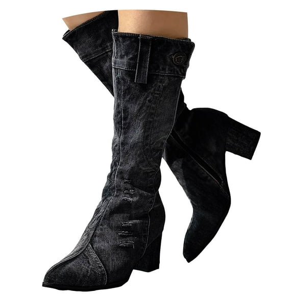 Oyedens High Heels Knee Length Long Boots for Women Casual Denim Zipper Knee High Tall Boots Fall