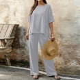 thumbnail image 7 of Costeam Womens Short Sleeve Two Piece Linen Cotton Outfit Solid V Neck Top Drawstring Wide Leg Pants Side Pocket High Waist Loose Casual Matching Set Tracksuit, 7 of 7