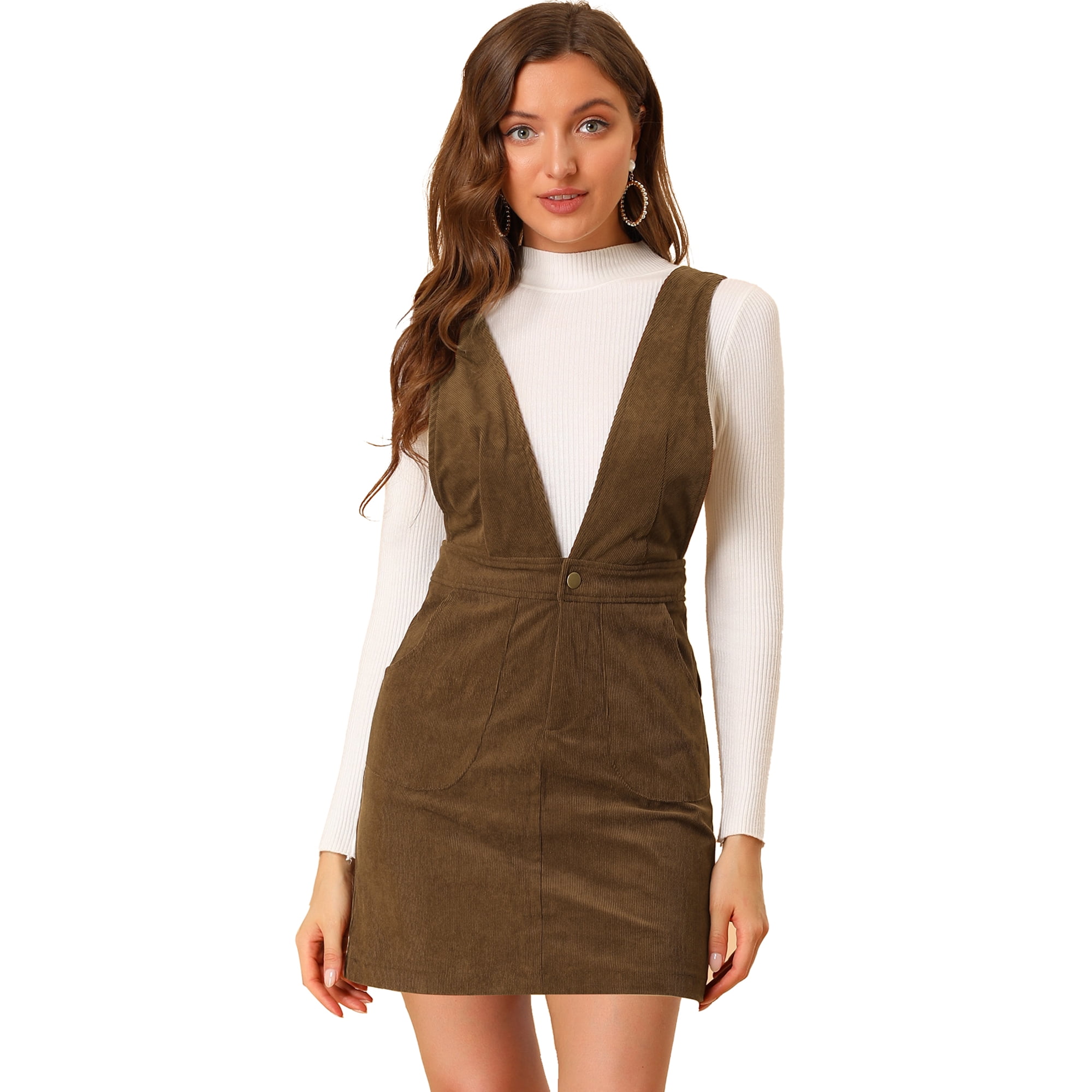 Unique Bargains Women's Corduroy Overall Pinafore Dress Strap