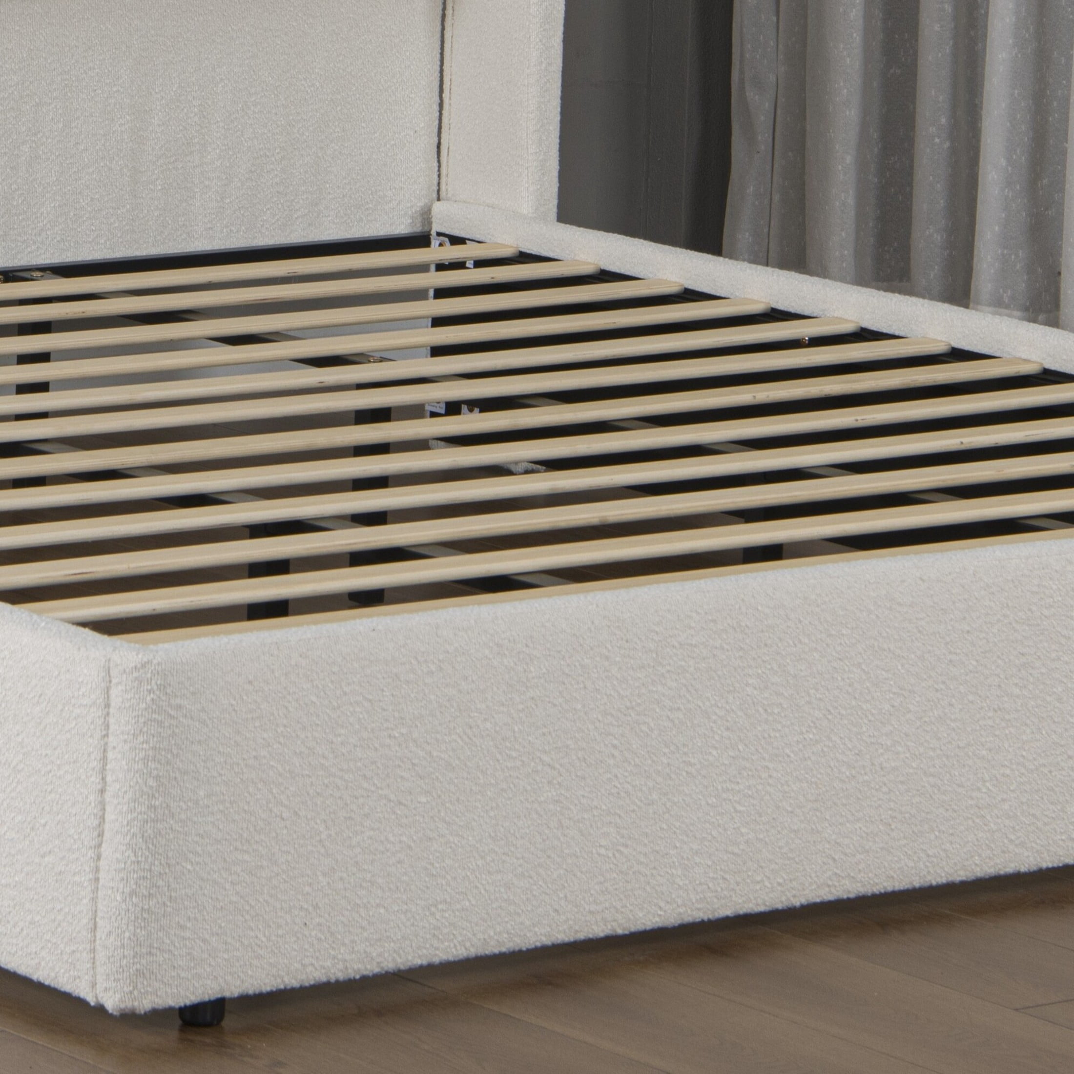 Noble House Marcus Queen Boucle Bed Frame with Wingback Headboard, Upholstered Cloud Bed with Metal Slats, White