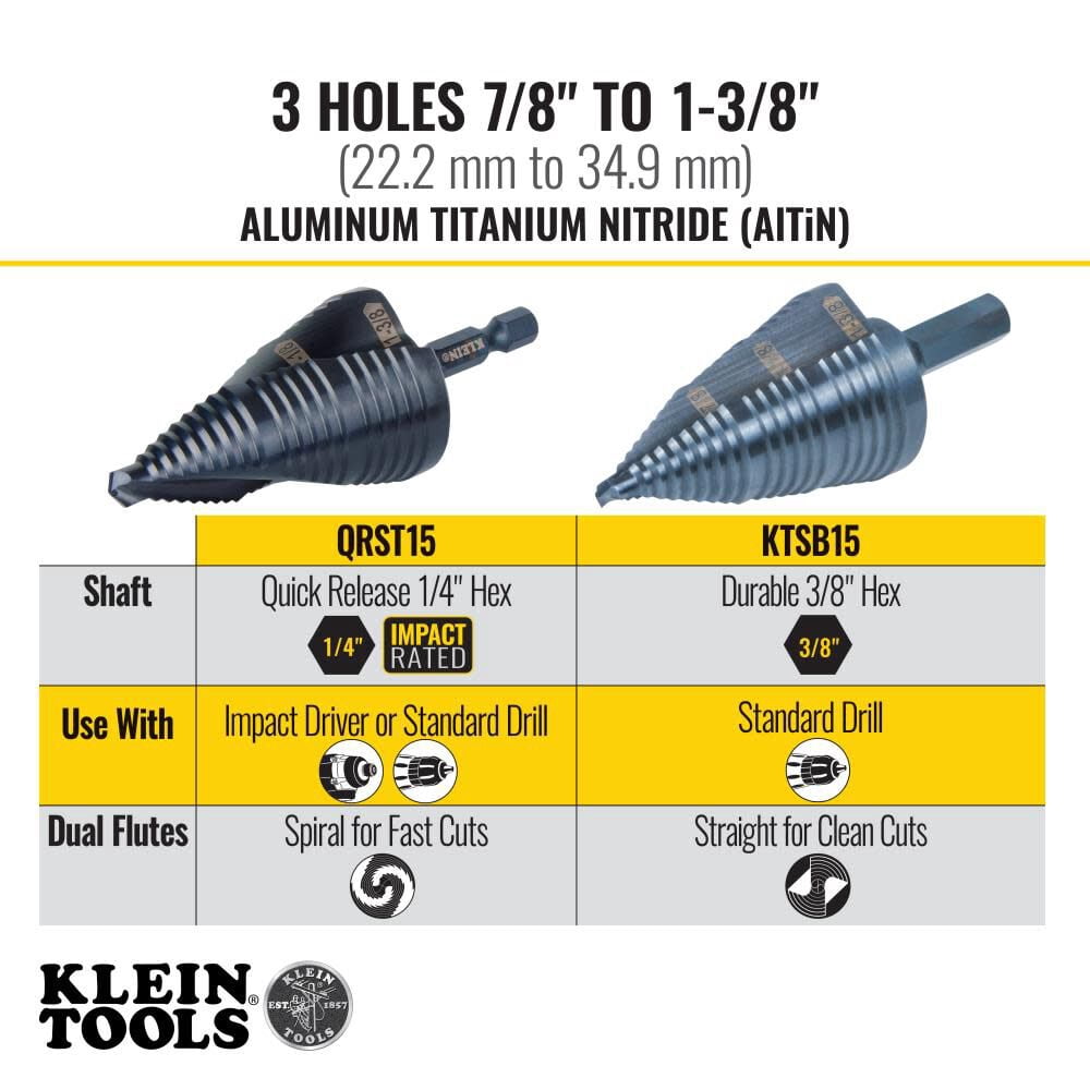 Klein Tools 7/8In To 1-3/8In Quick Release Sprial Flute Step Drill Bit