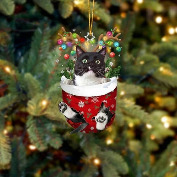 Acrylic 2D FLAT Tuxedo Cat In Snow Pocket Christmas Ornament
