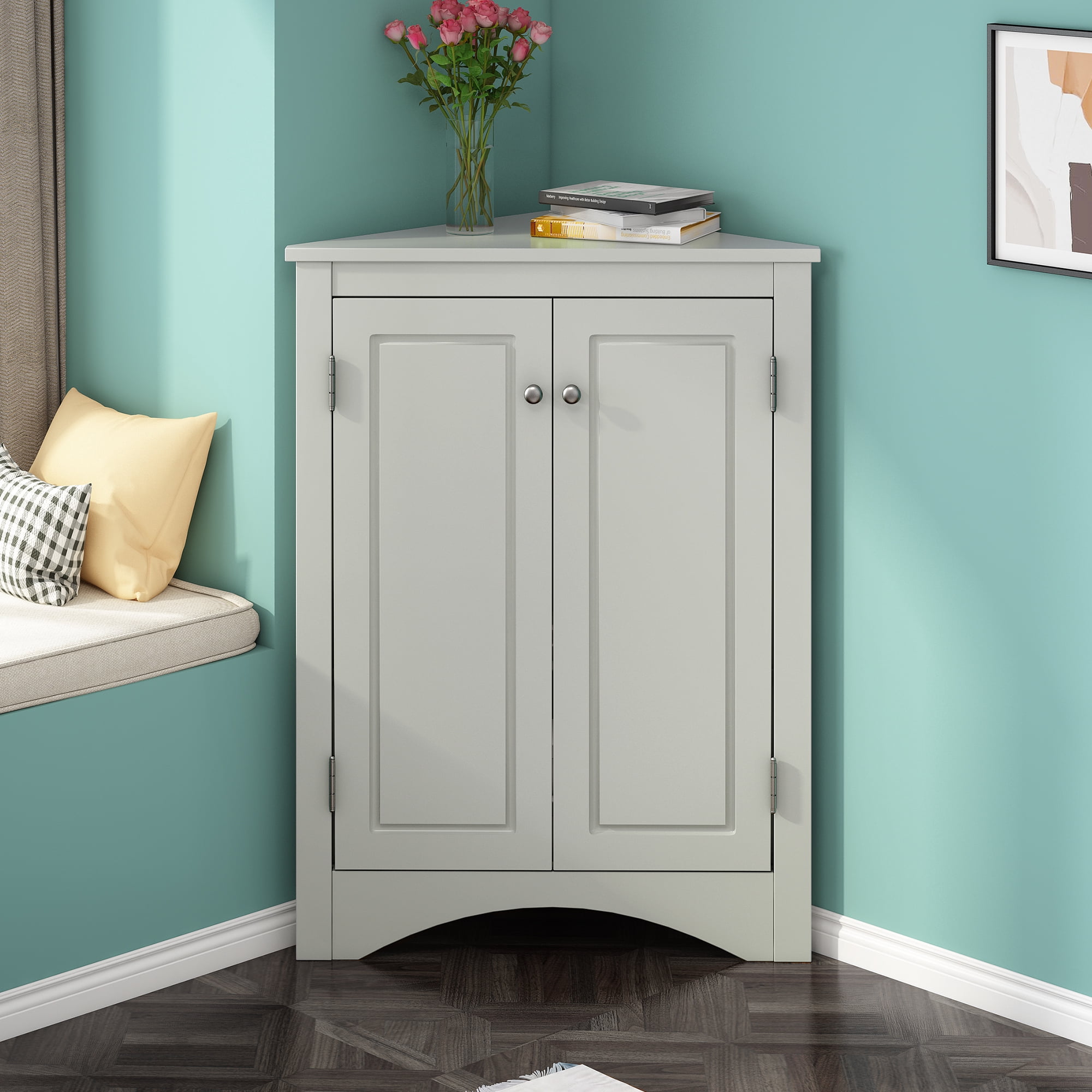Corner Cabinet Storage Wooden Triangle Bathroom Storage Cabinet with Adjustable Shelves and Two Doors for Kitchen, Living Room and Hall Grey