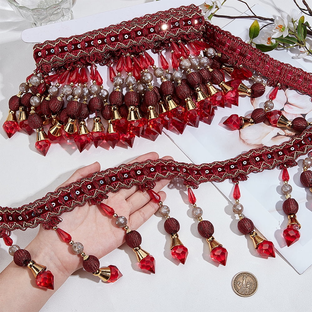 4.4 Yard Red Beads Tassel Curtain Trim 5.1 Inch Wide Beading Fringe Trimming Beaded Hanging Ball Tassel Fringe Trim Polyester Fringe Lace Ribbon