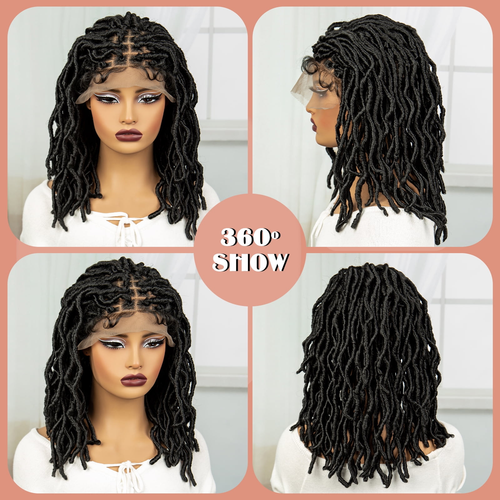 Locs Braided Wigs Synthetic Square Knotless Box Braids Wigs for Women 14 Inches Lace Frontal Lightweight Bob Dread lock Wig with Baby Hair (1B Color)