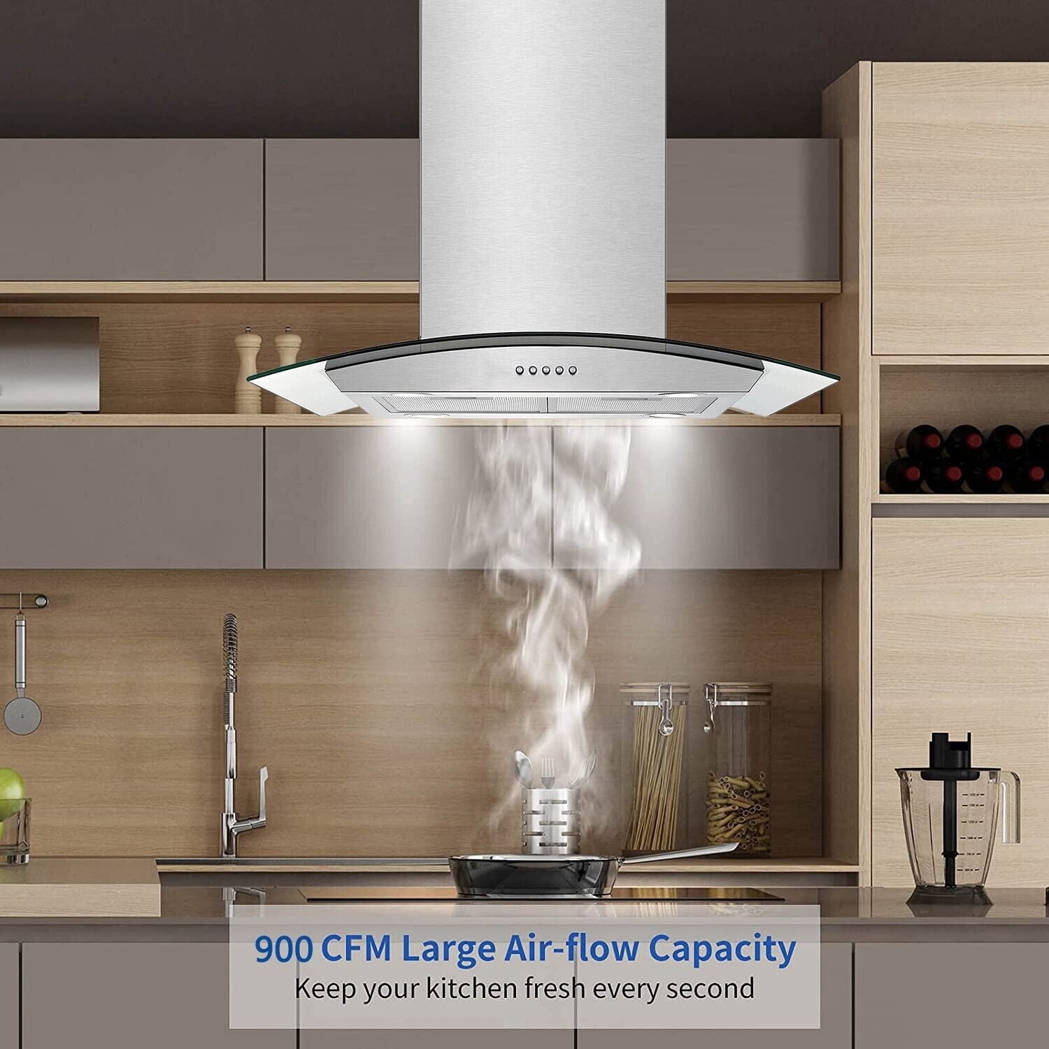 Joeaonz Island Mount Range Hood in Stainless Steel with LED Lights & Easy-Clean Filters, 120V