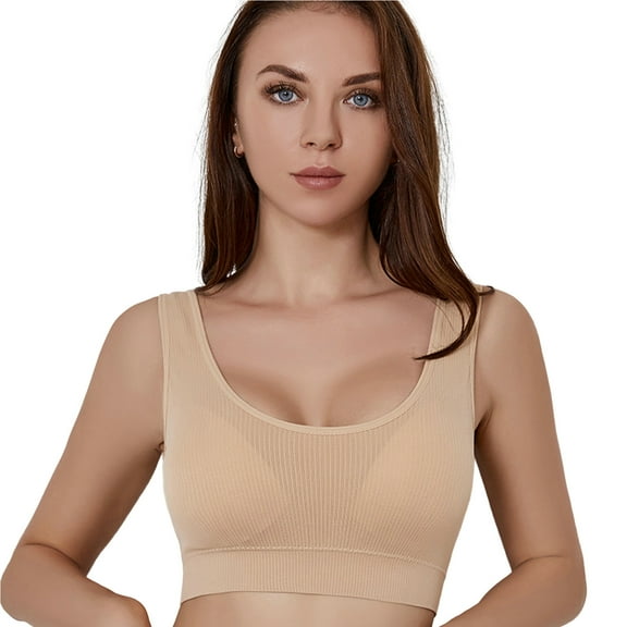 huanledash Wide Shoulder Straps U-Shape Beauty Back Padded Wireless Sport Bra Women Solid Color Ribbed Sport Vest