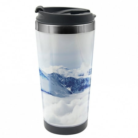 

Mountain Travel Mug Clouds on Summit Winter Steel Thermal Cup 16 oz by Ambesonne