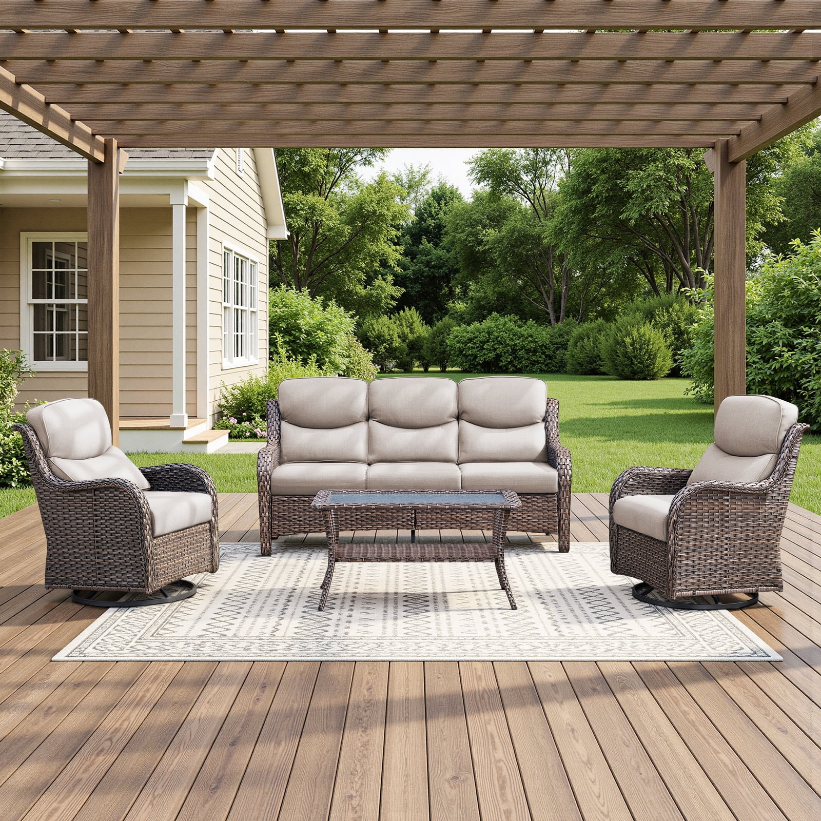 POCASSY 4-Piece Outdoor Patio Furniture Set with Swivel Chairs, Luxury High Back Rattan Wicker Outdoor Conversation Set with 5-inch Thick Seat Cushion Sofa and Swivel Glider Patio Chair for Porch