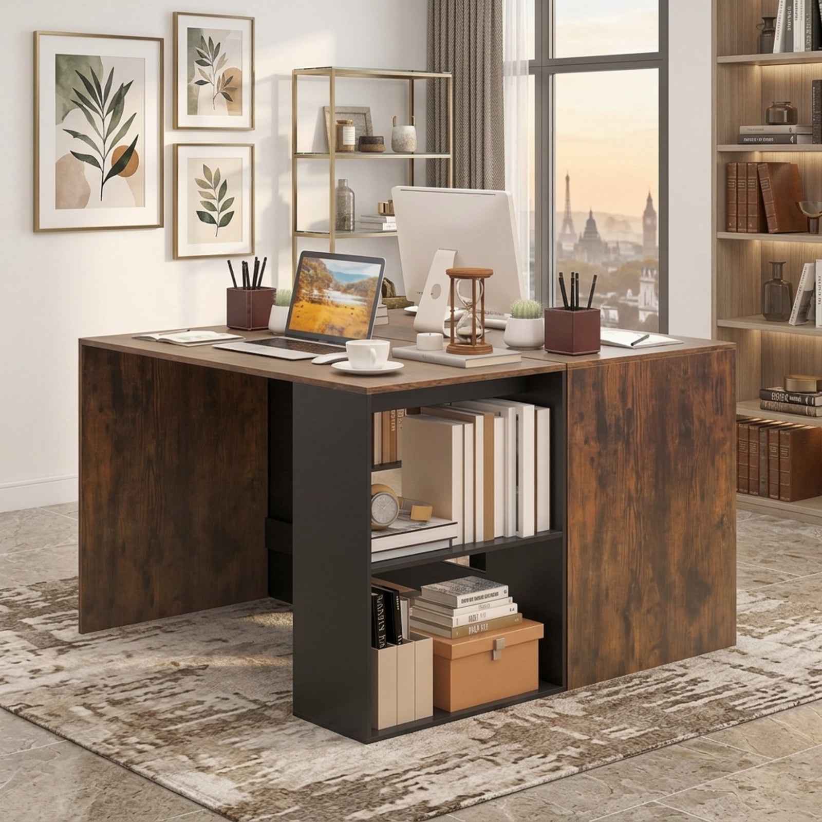 Furnibear 44 Inch Wooden Computer Desk with 2-Tier Bookshelf and Spacious Desktop Compact Home Office Workstation, Rustic Brown