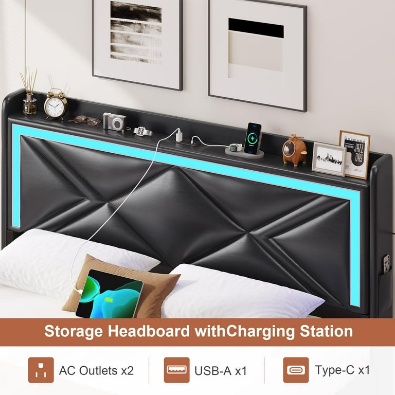 Twin Size Bed Frame with Charging Station and LED Lights, Black PU