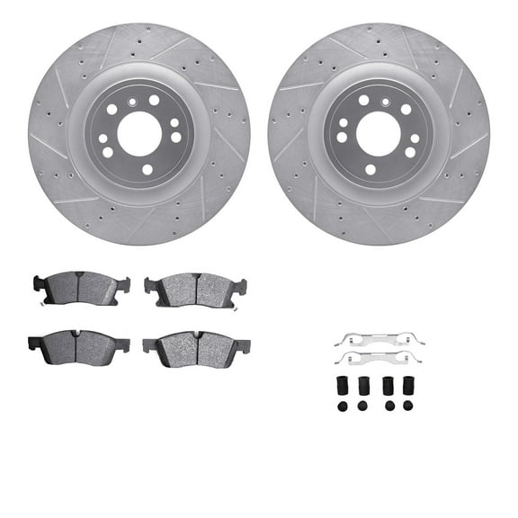 Dynamic Friction Company Front Brake Rotors-Drilled and Slotted-Silver with 5000 Advanced Brake Pads includes Hardware 7512-63148