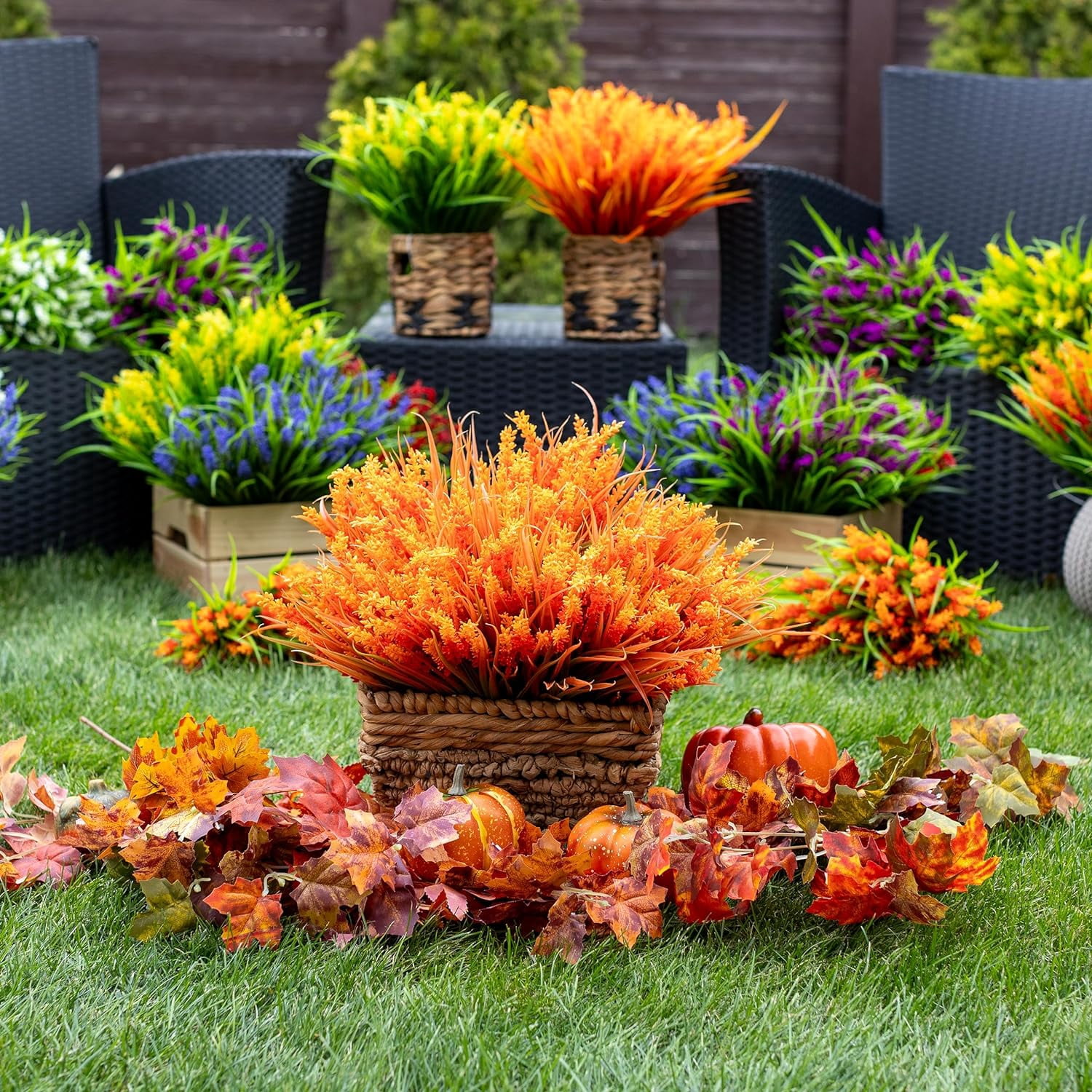 8PCS Artificial Flowers for Outdoors, Fake Lavender with Grass UV Resistant Plastic Faux Autumn Plants for Garden Thanksgiving Home Decor (Orange)