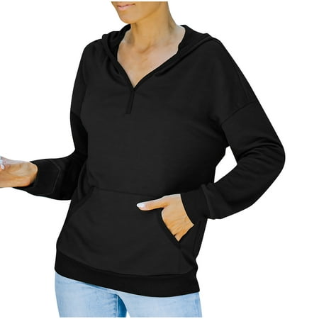 JSGEK Women Fashion Solid Color Hooded Pullover Long Sleeve Sweatshirt Top Pocket Zipper